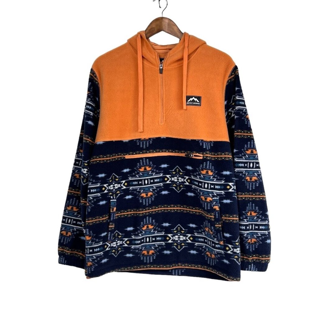 Massive Outdoor Mens Orange Blue Aztec Print Fleece Popover Hoodie Jacket M Flaw